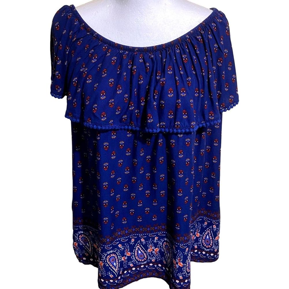 Faded Glory Off Shoulder Blue Paisley Top 2X